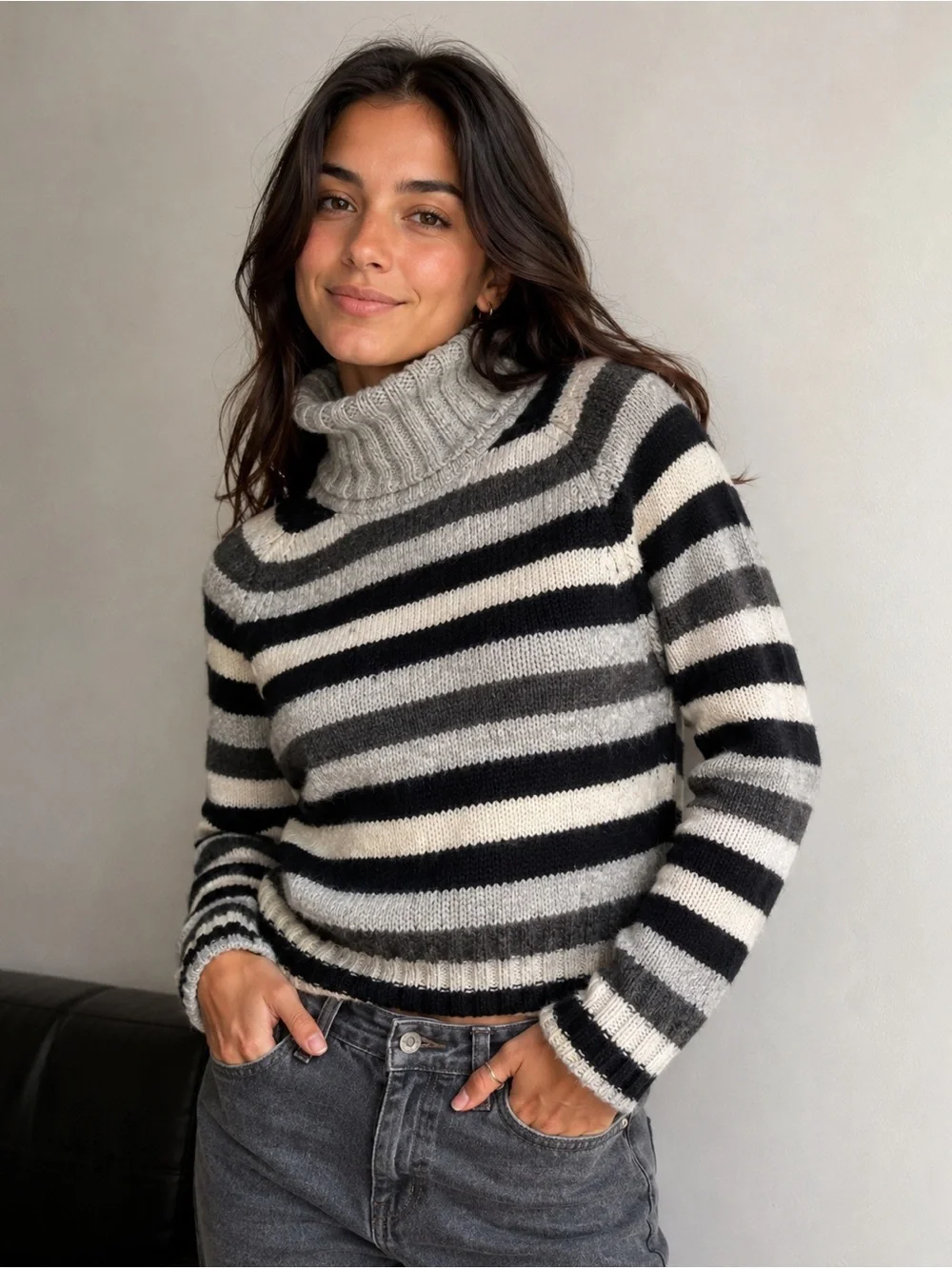 GAP Striped Turtleneck Sweater Women’s Small Black Gray Chunky Knit Cozy Winter